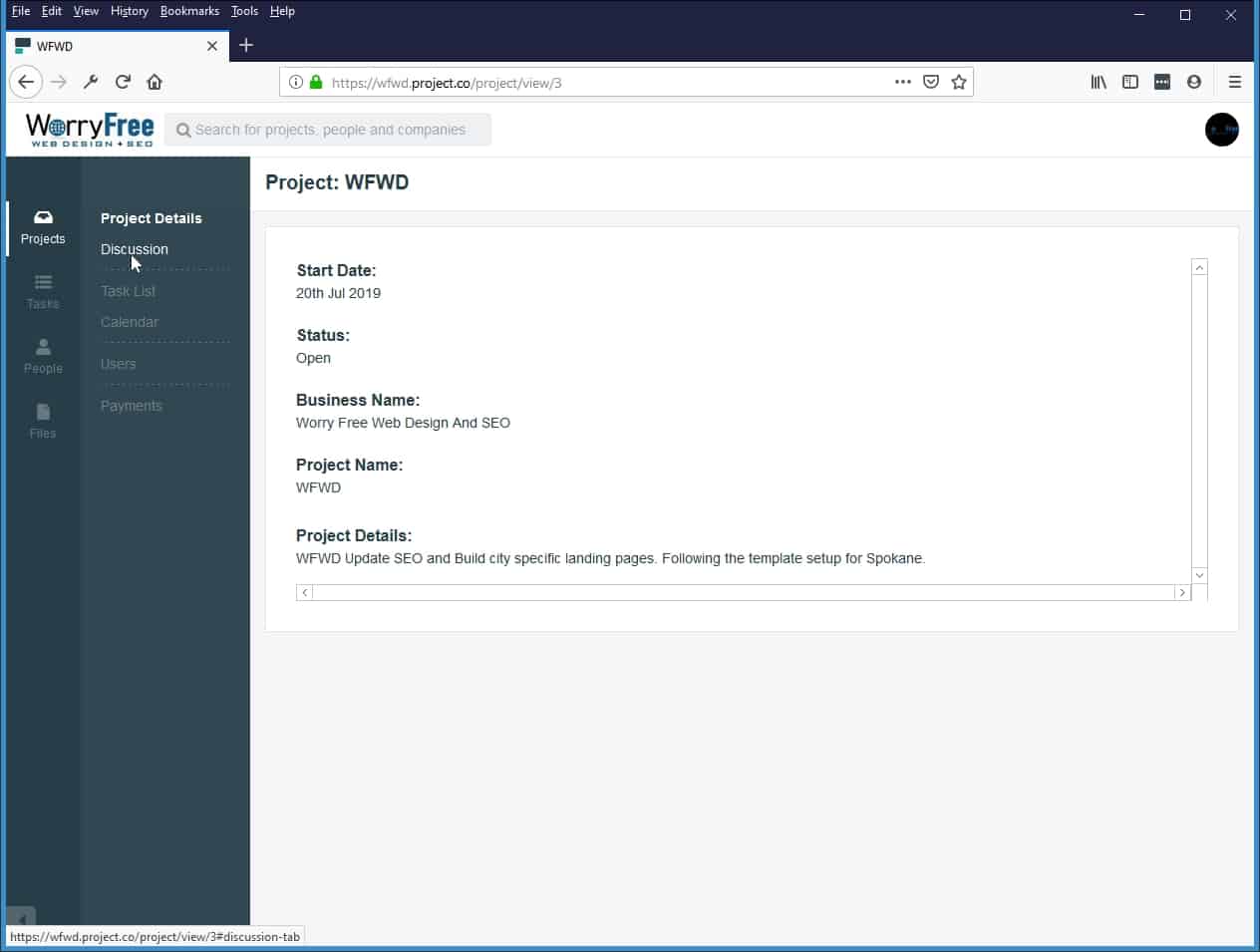 Here you will see the details of your project. To add notes or images click on discussion.