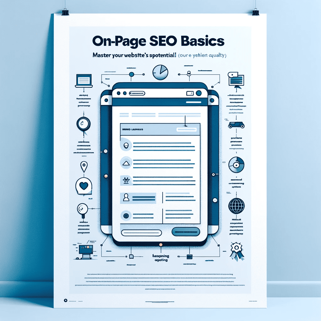 DALL·E 2023 12 27 13.26.03 An educational poster titled On Page SEO Basics for Beginners. It features a minimalist design with a light blue background. In the center theres 1 1